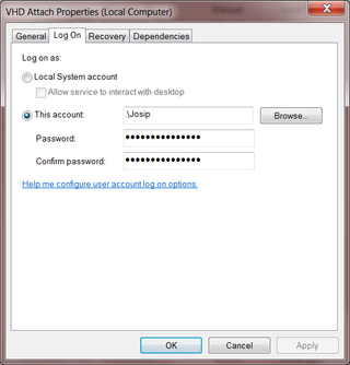 VHD Attach service properties