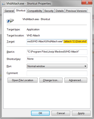 VHD Attach - Shortcut dialog